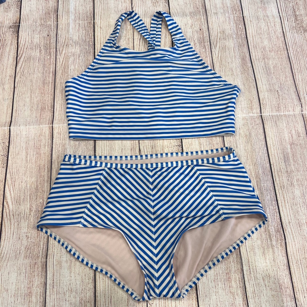 Tea Collection Girls Blue White Striped High Neck Two Piece Swimsuit Size 16